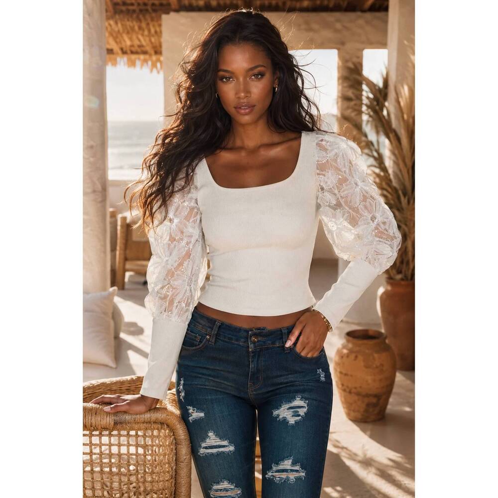 NEW SURELYMINE bloom embroidered mesh sleeve knit top in white